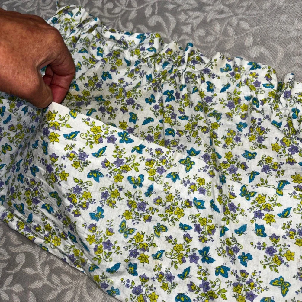 Vintage Floral Butterfly Half Apron Yellow Purple Teal Handmade‎ Pockets
